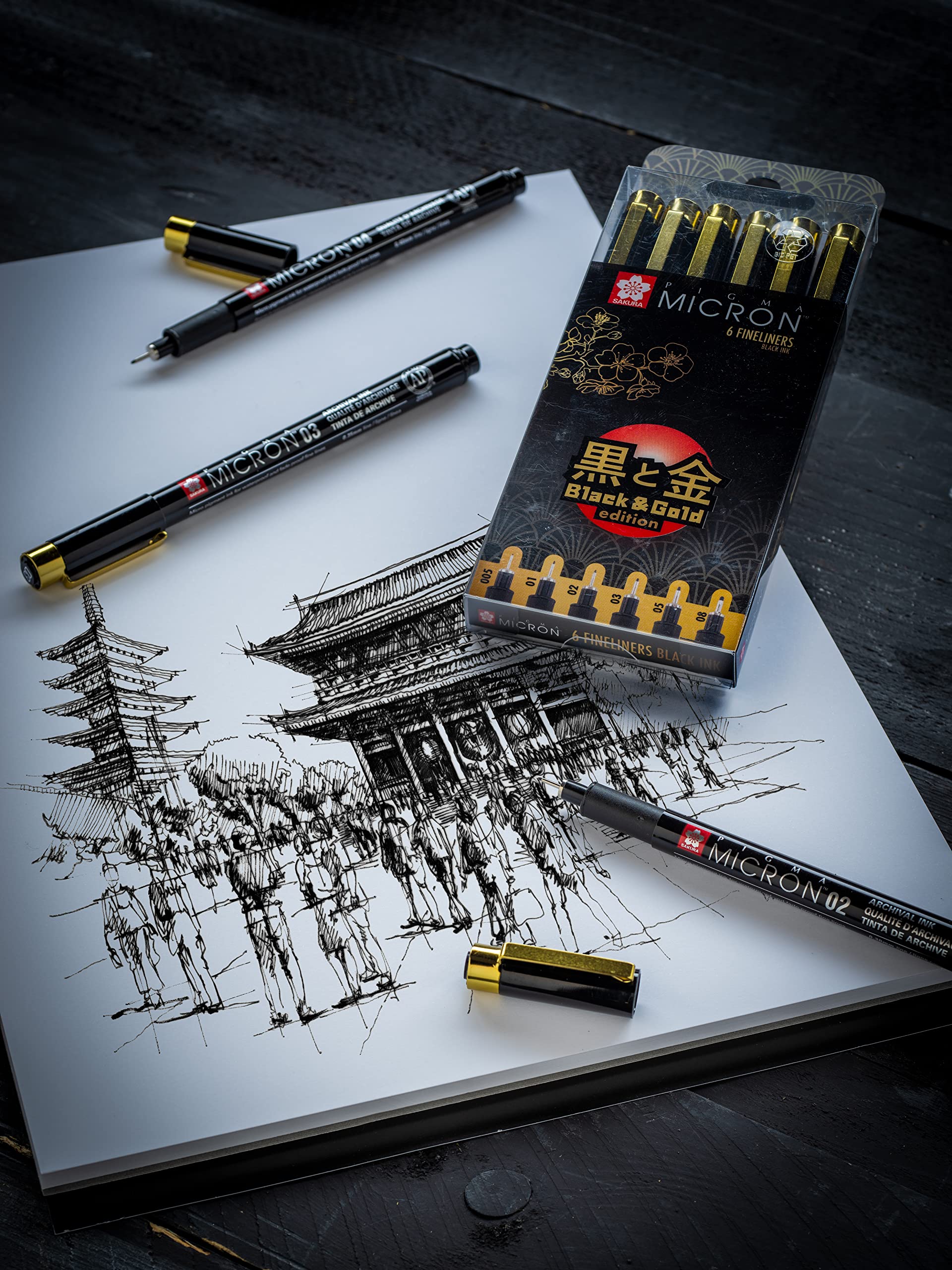 Sakura Pigma Micron Black & Gold Edition fineliner set   6 sizes, black (POXSDKB6YOS)