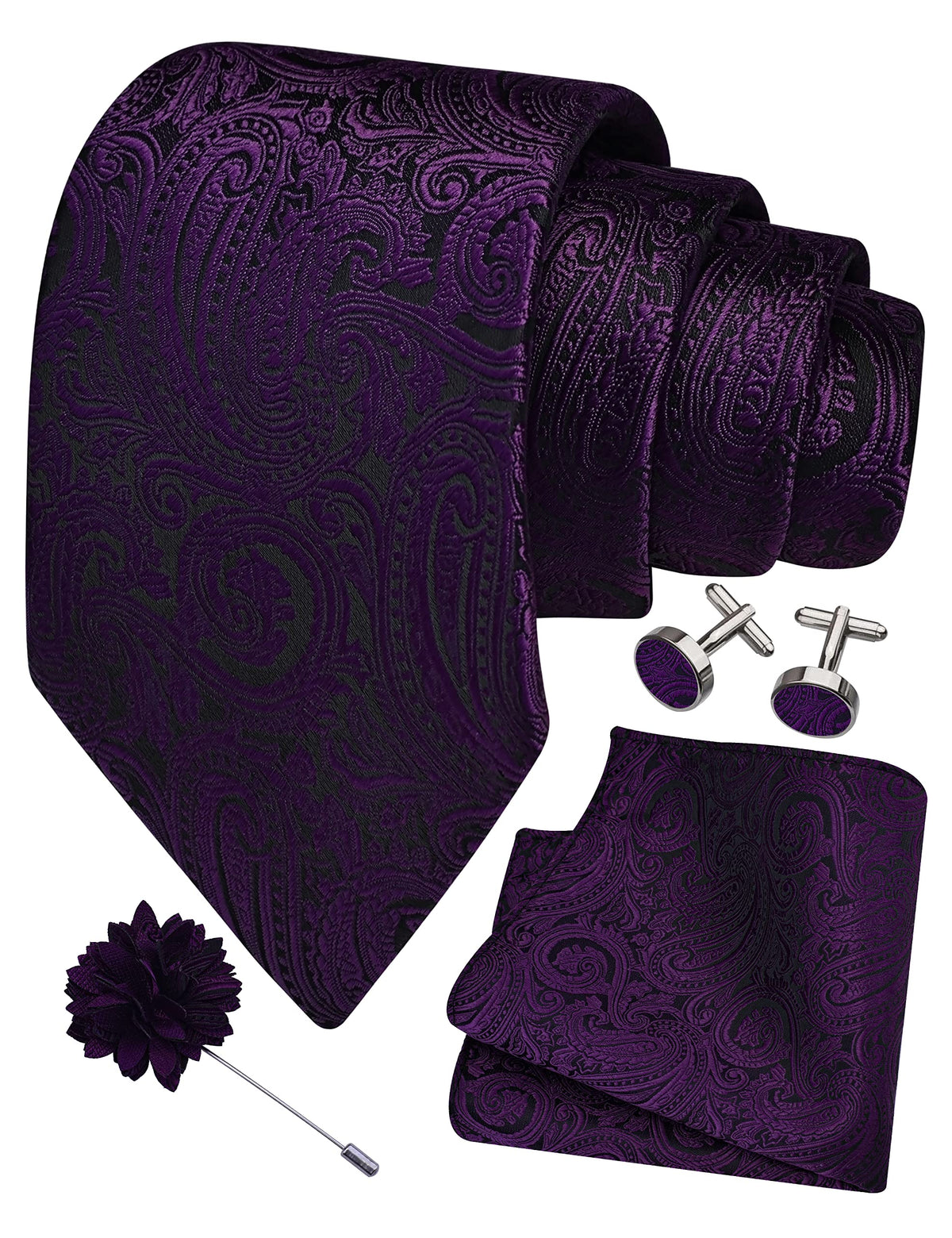 Gusleson Mens Dark Purple Tie for Wedding Solid Silk Paisley Necktie Pocket Square Cufflinks and Lapel Pin Brooch Set (UK6103-23)