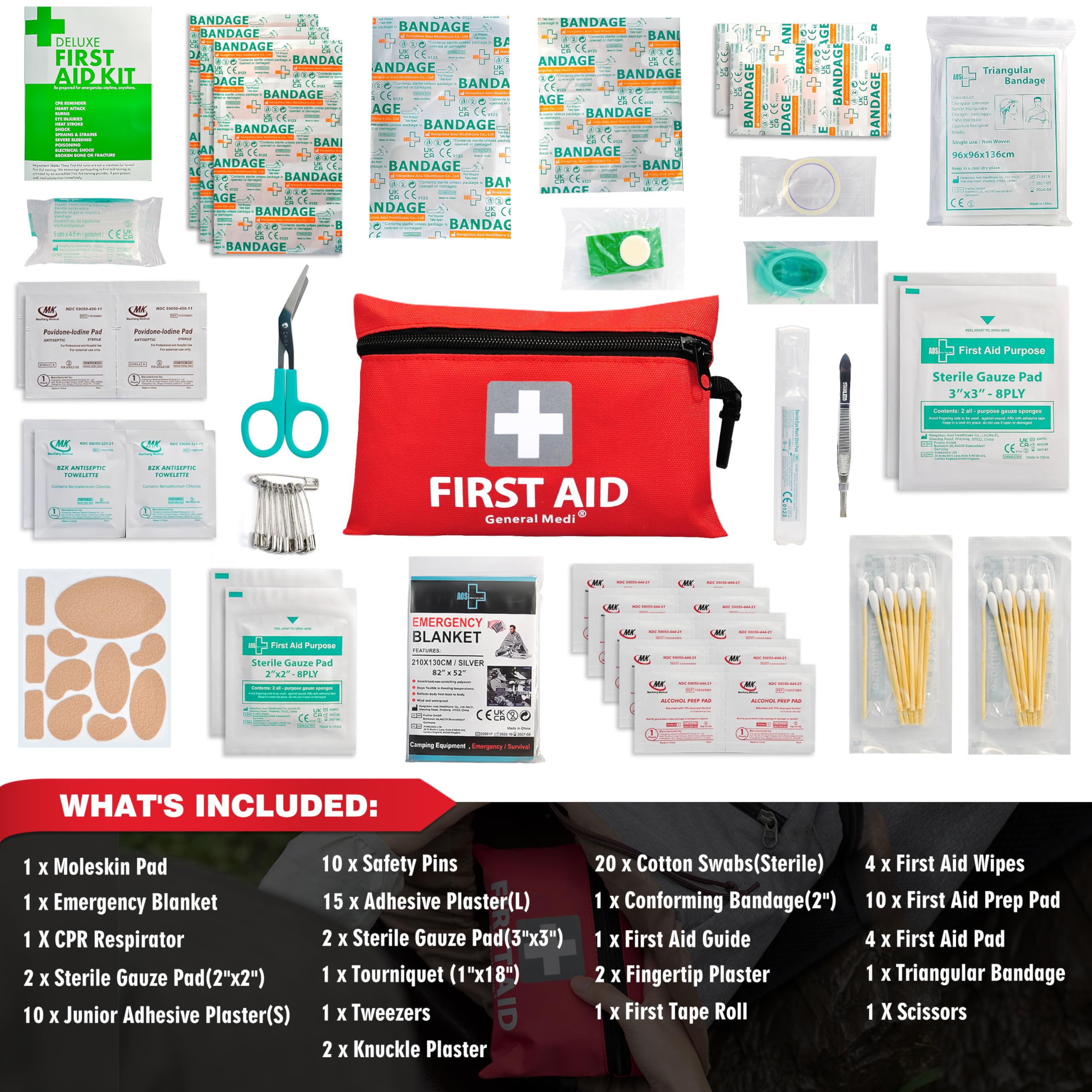 General Medi Mini First Aid Kit, 92 Pieces Small First Aid Kit - Includes Emergency Foil Blanket, Scissors for Travel, Home, Office, Vehicle, Camping, Workplace & Outdoor (Red)