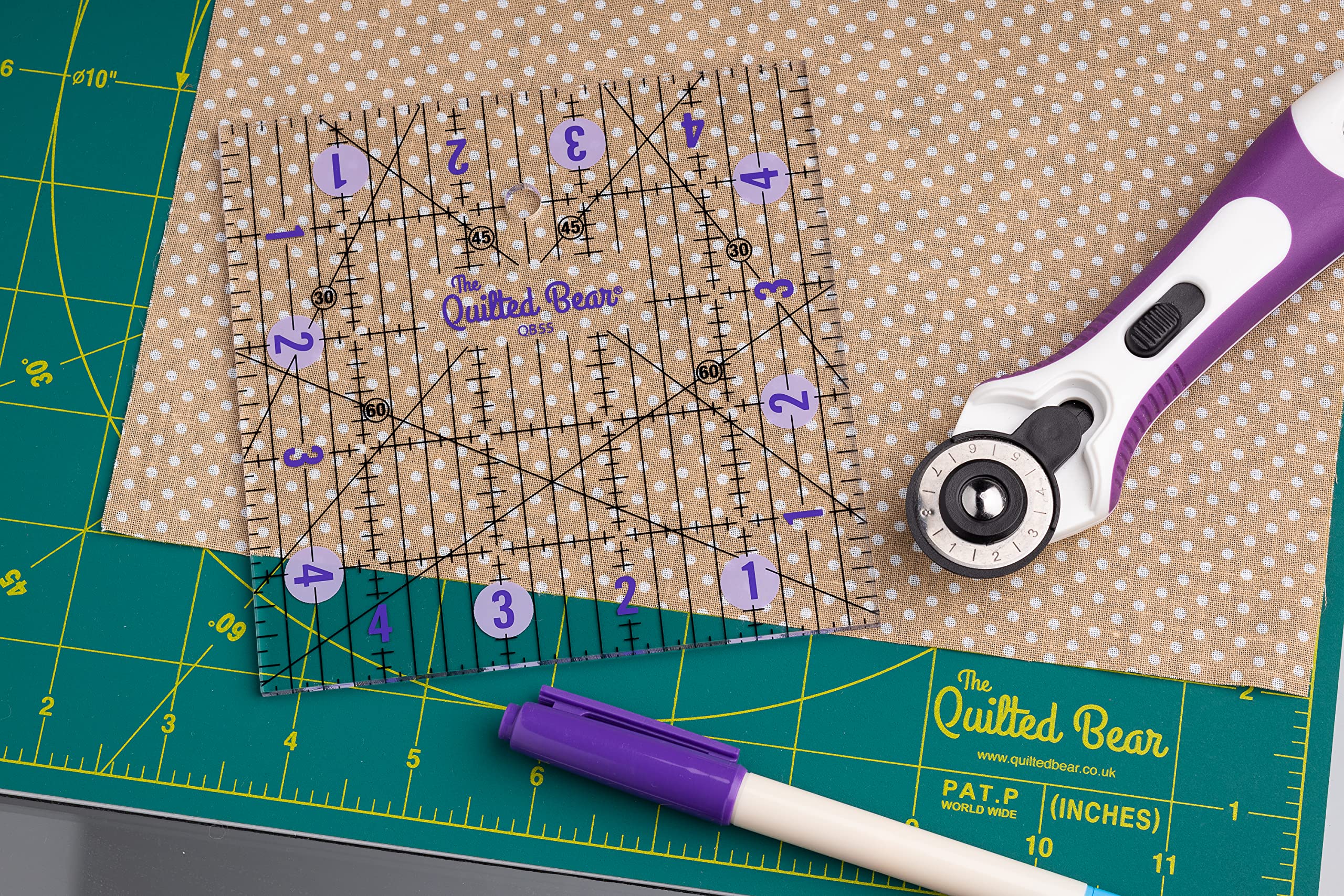 The Quilted Bear Quilting Rulers - Transparent Acrylic Non Slip Quilting & Patchwork Ruler with Clear Black Lines & 30, 45 & 60 Degree Angles (6 inches x 12 inches)