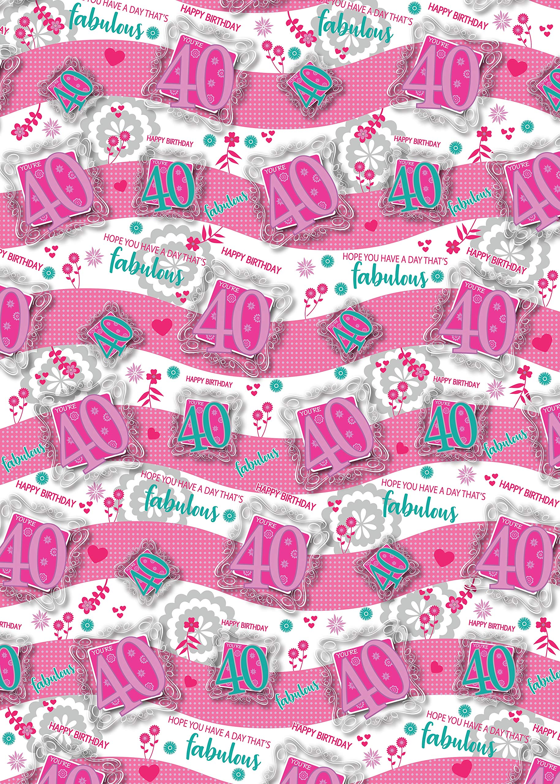 4 Sheets and 4 Gift Tags 40th Birthday Wrapping Paper Age 40 Birthday Pink Gift Wrap Female (AWP)