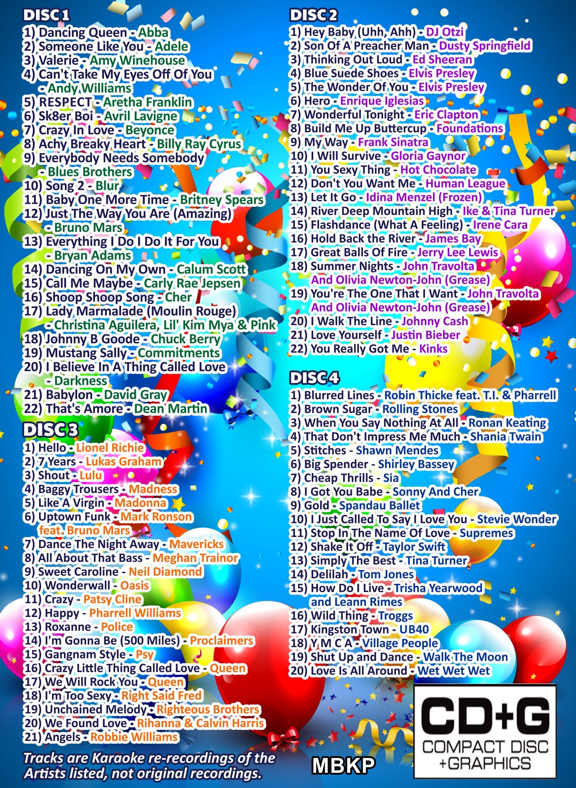 Mr Entertainer Big Karaoke Party 4 x CDandG (CDG) Pack. 85 Songs. Greatest Karaoke Party Hits.