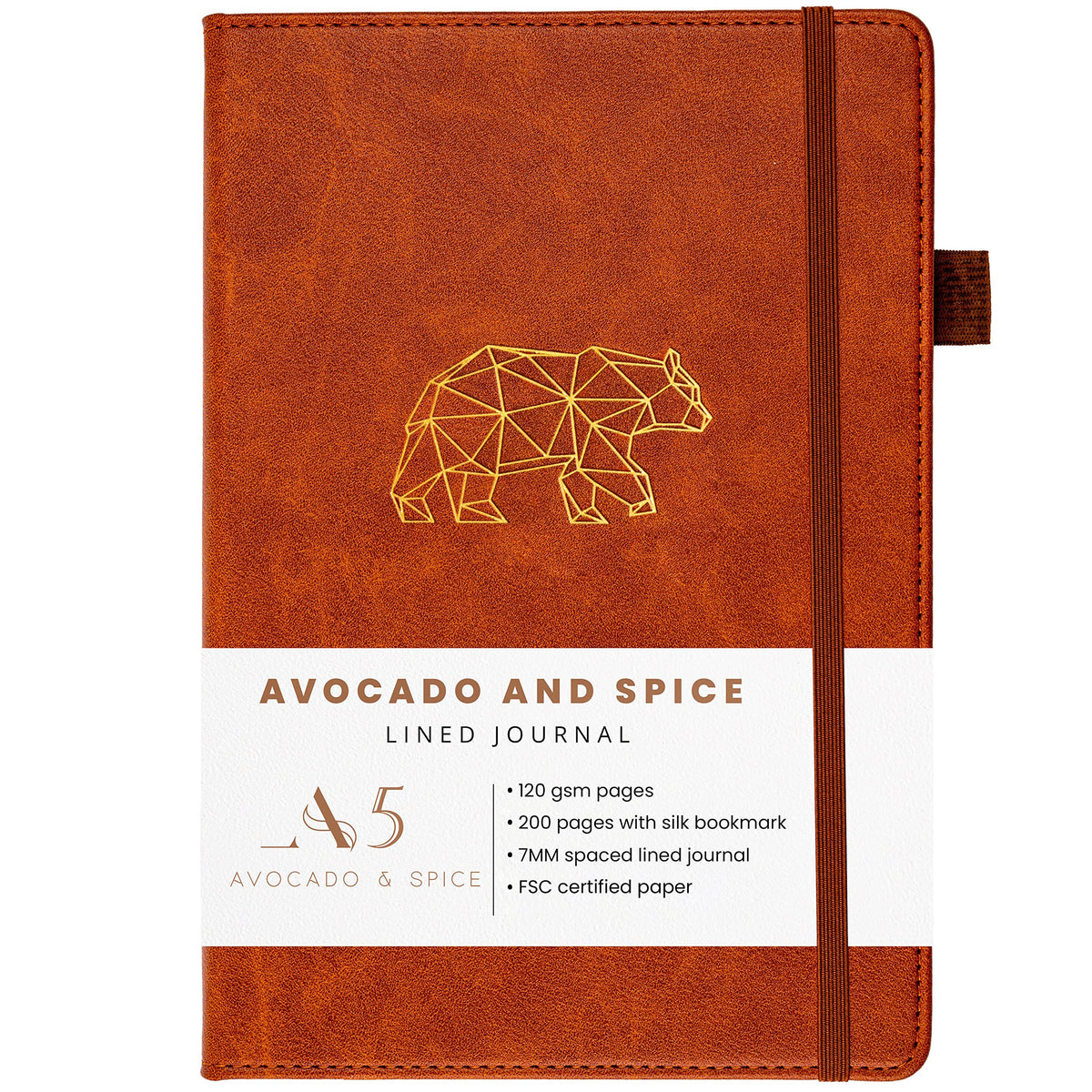 Notebook A5 Lined by Avocado and Spice® - Hardback A5 Journal Notebook - Faux Leather A5 Notepad - Bookmark, Elastic Strap, Pen Holder, 200 Thick Pages (Brown, Lined)