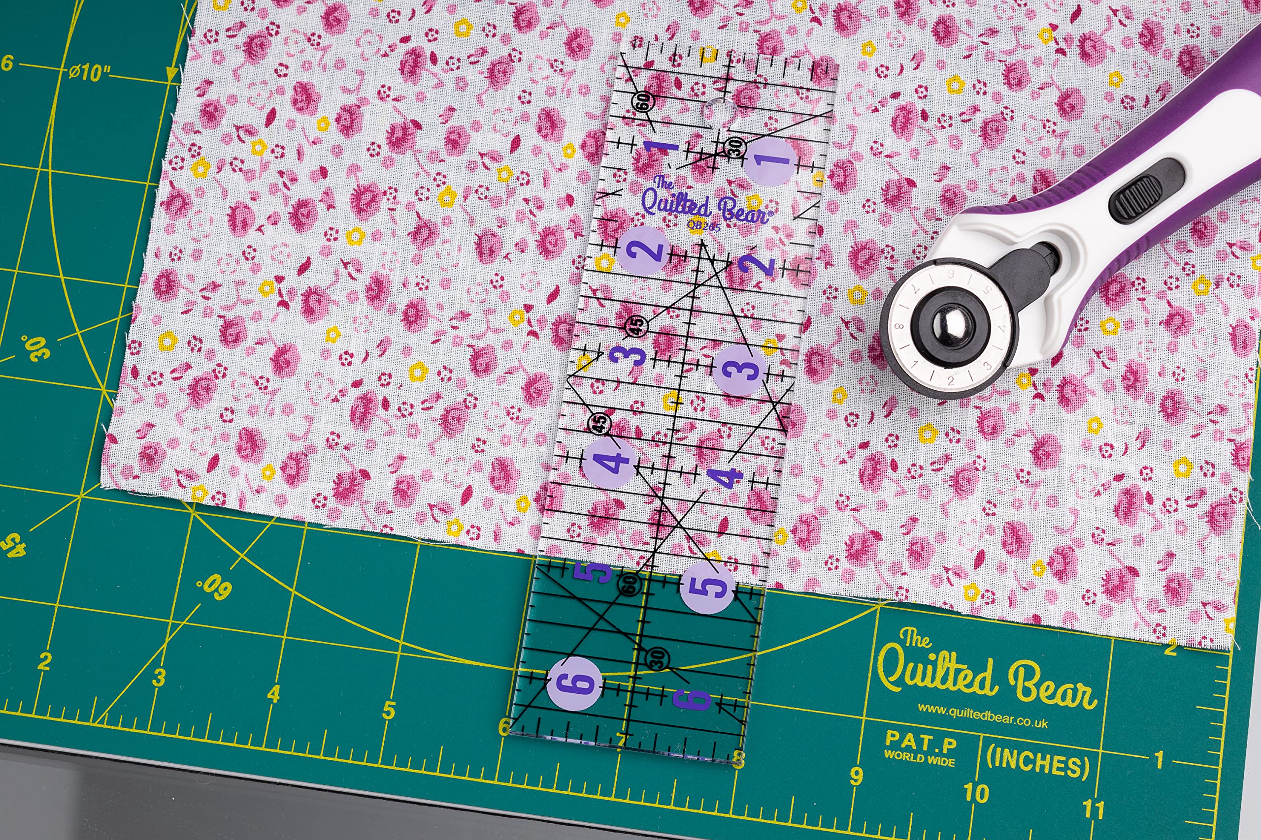 The Quilted Bear Quilting Rulers - Transparent Acrylic Non Slip Quilting & Patchwork Ruler with Clear Black Lines & 30, 45 & 60 Degree Angles (6 inches x 12 inches)