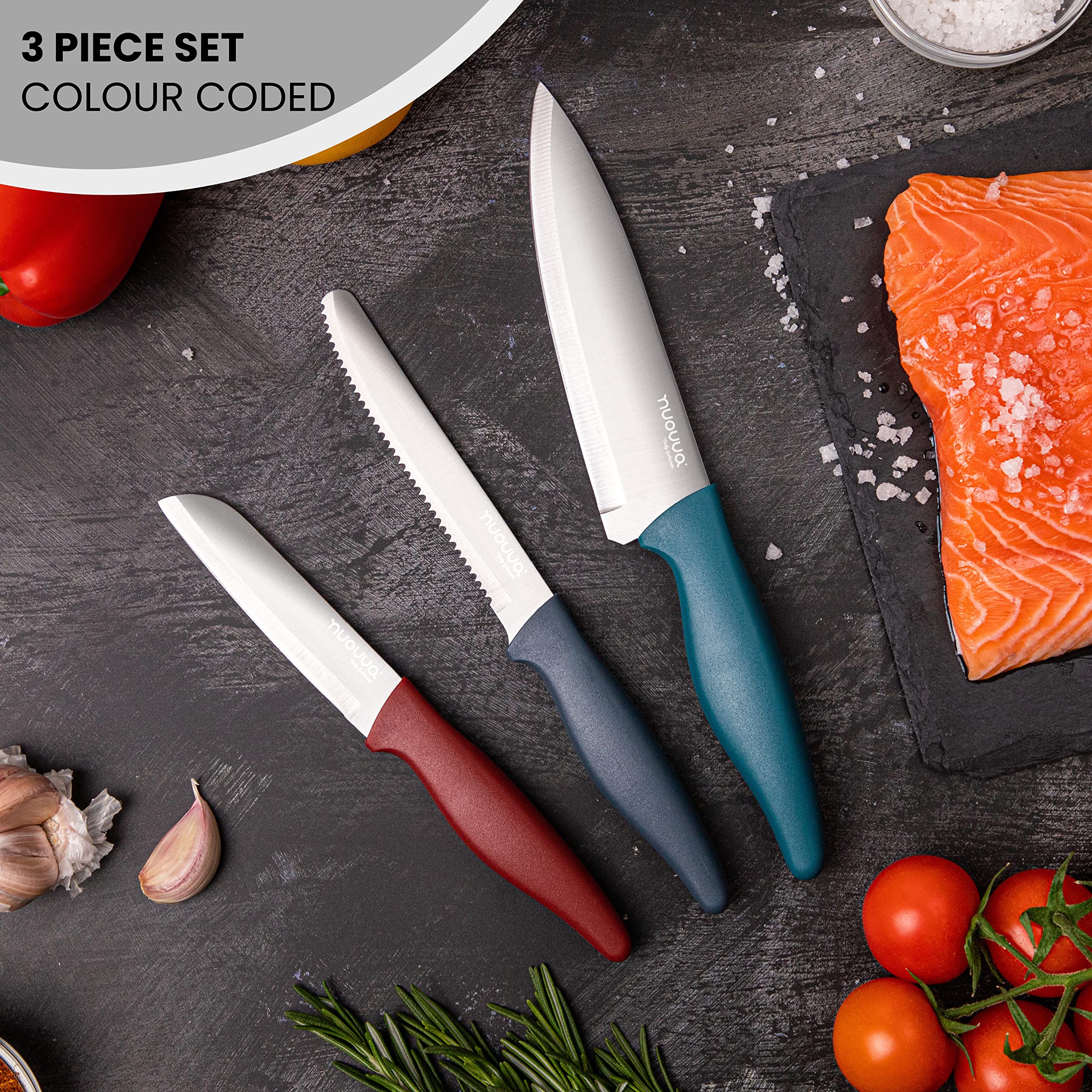 nuovva Sharp Kitchen Knife Set – 3pcs Colour Kitchen Knives – Stainless Steel Non Stick Blades – Includes Chefs Knife, Tomato Knife and Paring Knife