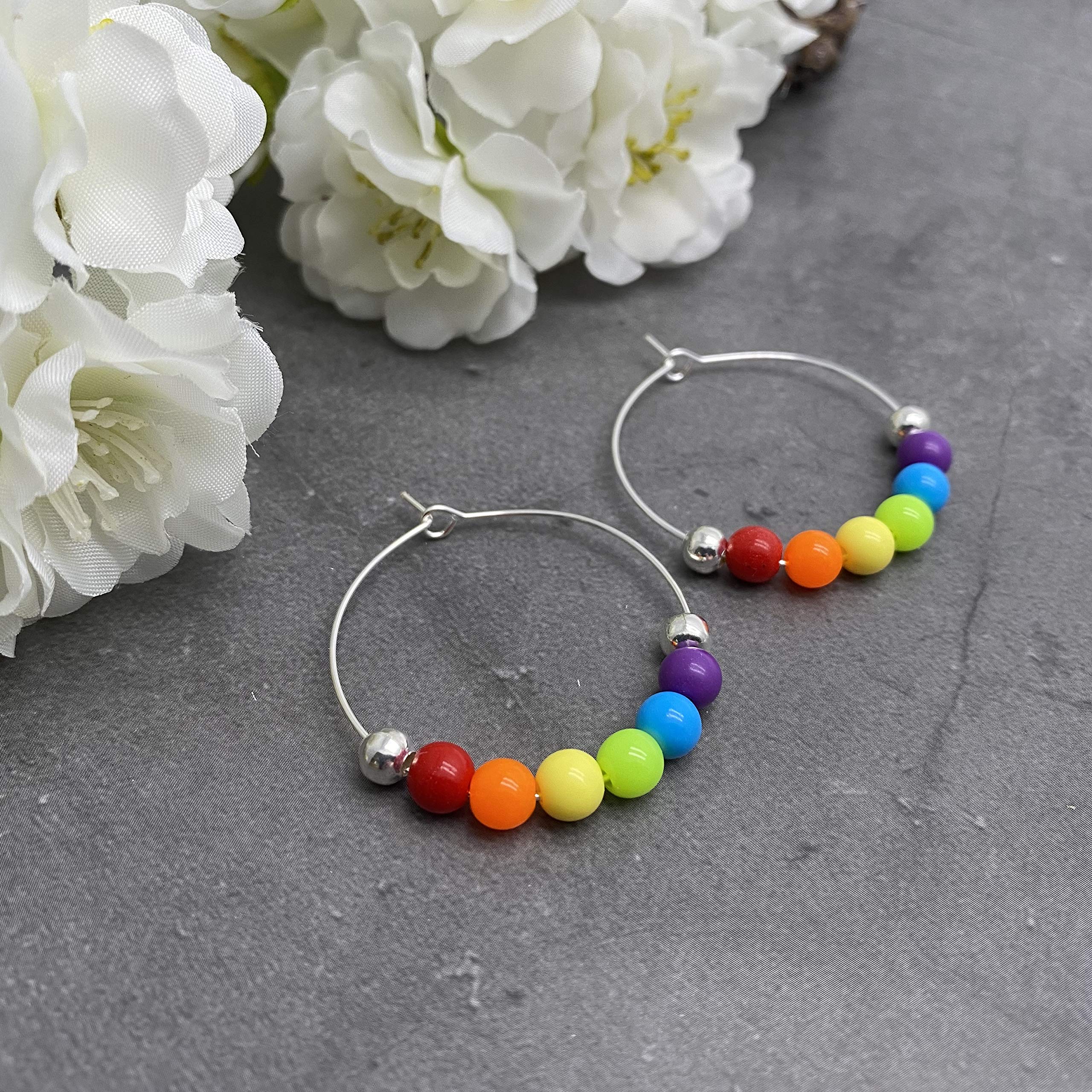 Rainbow Hoop Earrings - LGBT Pride - 6mm Acrylic Beads on Nickel Free Hoops