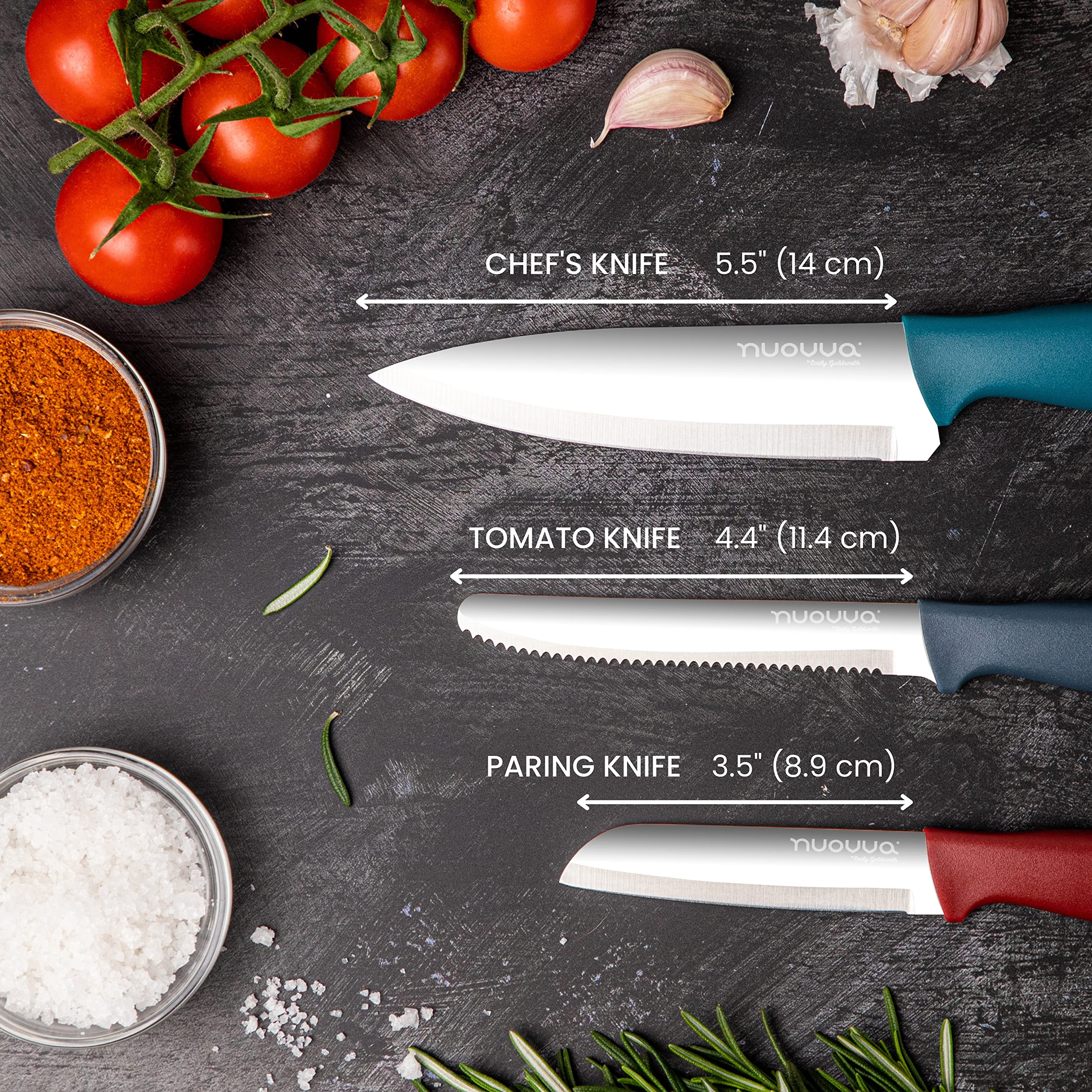 nuovva Sharp Kitchen Knife Set – 3pcs Colour Kitchen Knives – Stainless Steel Non Stick Blades – Includes Chefs Knife, Tomato Knife and Paring Knife