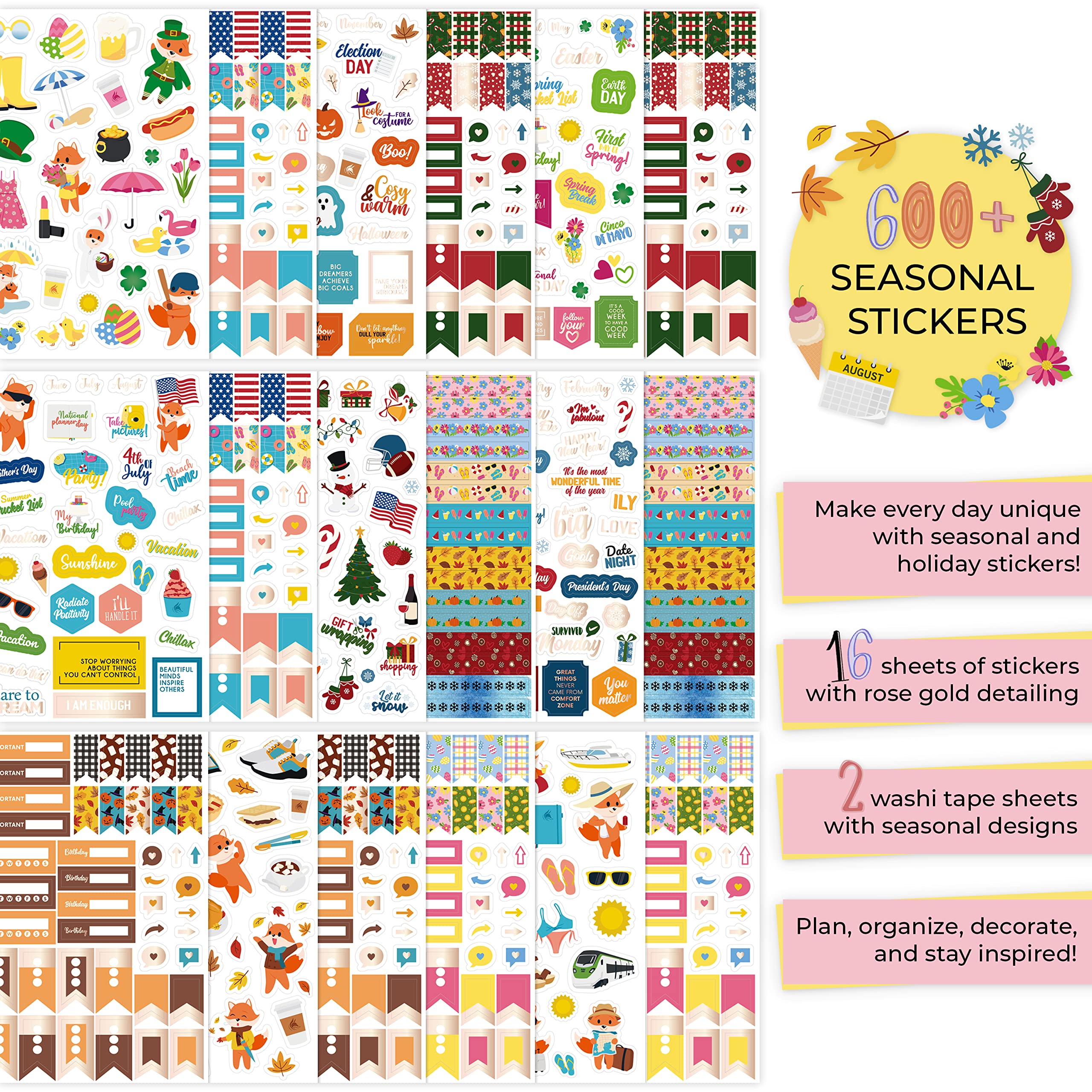 Clever Fox Seasonal Planner Stickers – 600and Month, Holiday & Seasons Stickers for Your Planner, Monthly Journal & Calendar – 18 Sheets, Set of Stickers & Washi Tape by Clever Fox (Seasonal Pack)