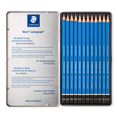 STAEDTLER 100 G12 Mars Lumograph Graphite Pencils For Drawing & Sketching - Assorted Degrees, 6B-4H (Tin Of 12 Pencils)